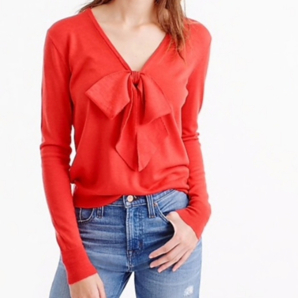 J. Crew Red Orange Deep V Neck Bow Tie Merino Wool Sweater Size Small